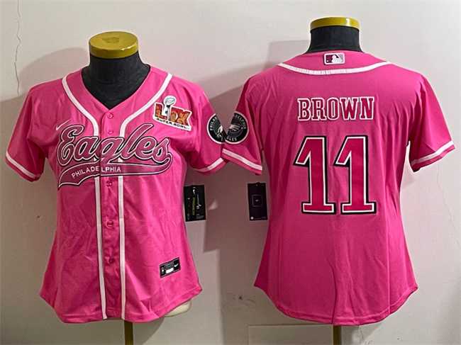 Women%27s Philadelphia Eagles #11 A.J. Brown Pink 2025 Super Bowl LIX Patch Cool Base Stitched Baseball Jersey